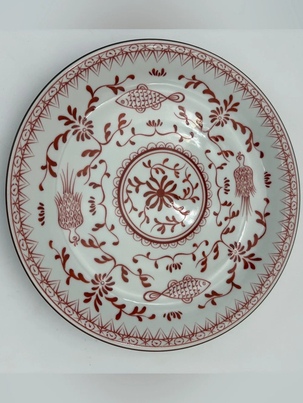 Decorative White Porcelain Shallow Bowl with Red Floral & Fish Motif